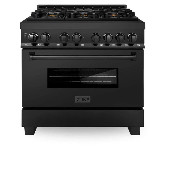 ZLINE 5-Piece Appliance Package - 36-Inch Legacy Dual Fuel Range, Wall Mount Range Hood, 36-Inch French Door Refrigerator, Dishwasher, and 30-Inch Microwave Drawer in Black Stainless Steel