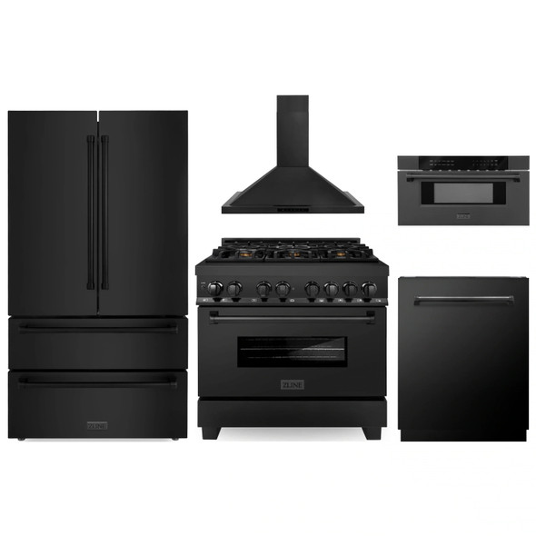 ZLINE 5-Piece Appliance Package - 36-Inch Legacy Dual Fuel Range, Wall Mount Range Hood, 36-Inch French Door Refrigerator, Dishwasher, and 30-Inch Microwave Drawer in Black Stainless Steel