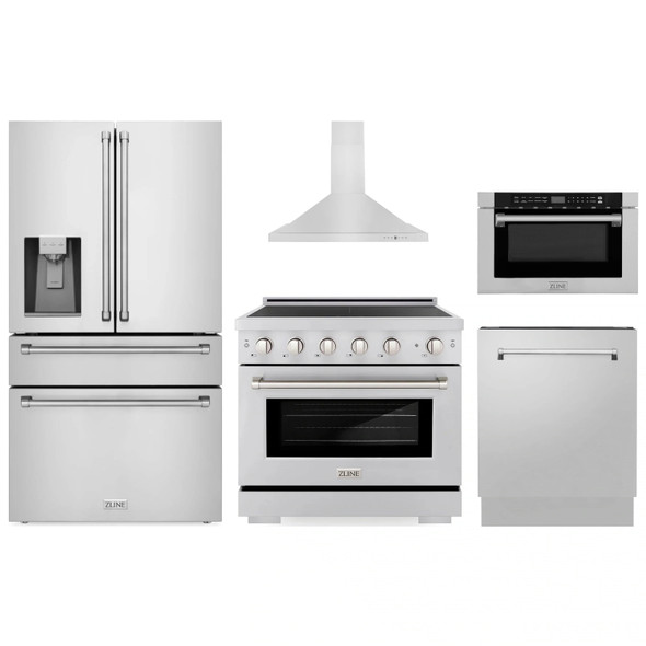 ZLINE 5-Piece Appliance Package - 36-Inch Paramount Induction Range, Wall Mount Range Hood, 36-Inch French Door Refrigerator with Water Dispenser, Dishwasher, and 24-Inch Microwave Drawer in Stainless Steel