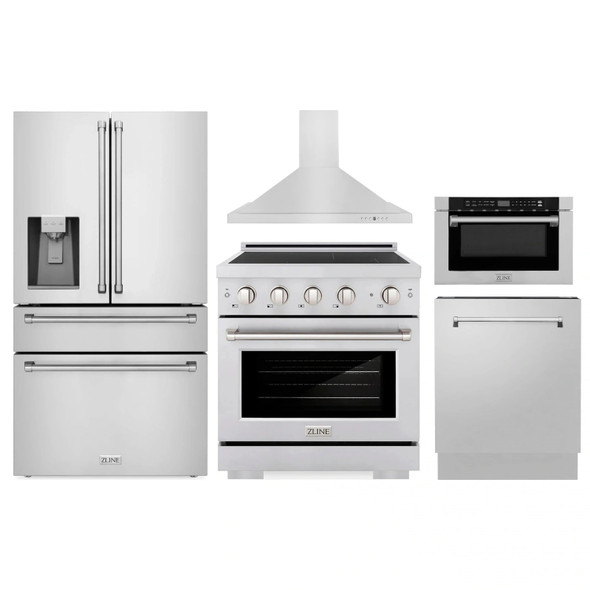 ZLINE 5-Piece Appliance Package - 30-Inch Paramount Induction Range, Wall Mount Range Hood, 36-Inch French Door Refrigerator with Water Dispenser, Dishwasher, and 24-Inch Microwave Drawer in Stainless Steel