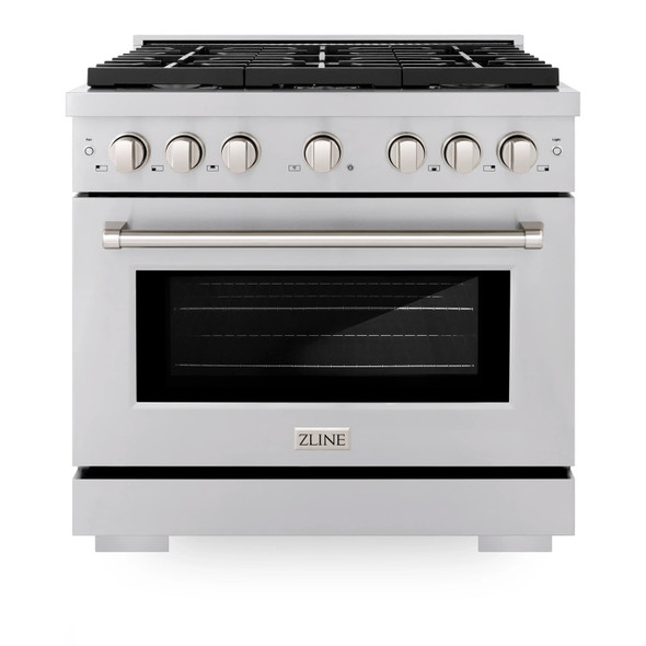 ZLINE 4-Piece Appliance Package - 36-Inch Paramount Dual Fuel Range, Wall Mount Range Hood, 36-Inch French Door Refrigerator with Water Dispenser, Dishwasher, in Stainless Steel