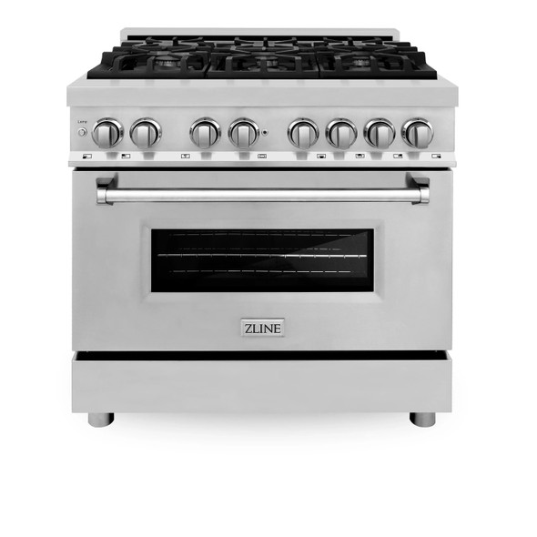 ZLINE 5-Piece Appliance Package - 36-Inch Legacy Dual Fuel Range, Wall Mount Range Hood, 36-Inch French Door Refrigerator with Water Dispenser, Dishwasher, and 30-Inch Microwave Drawer in Stainless Steel
