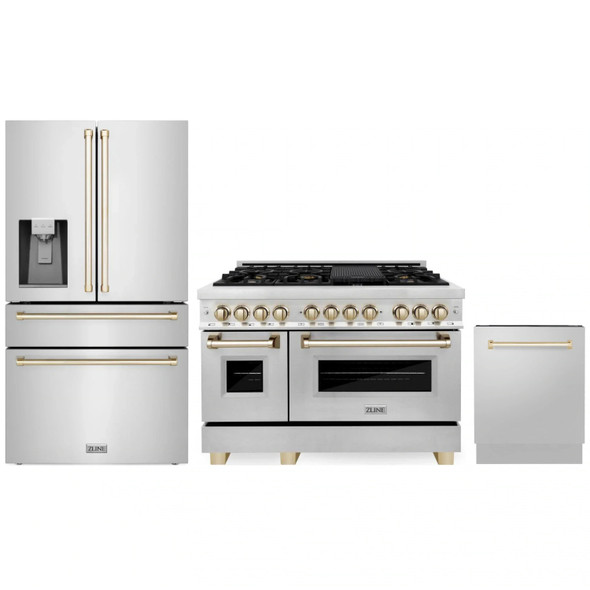 ZLINE 3-Piece Appliance Package - 48-Inch Legacy Autograph Dual Fuel Range, 36-Inch French Door Refrigerator with Water Dispenser, Dishwasher, in Stainless Steel with Gold Accents