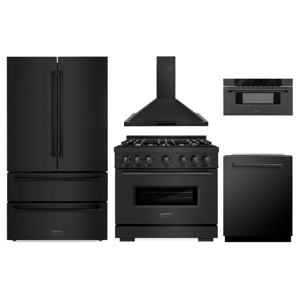 ZLINE 5-Piece Appliance Package - 36-Inch Classic Gas Range, Wall Mount Range Hood, 36-Inch French Door Refrigerator, Dishwasher, and 30-Inch Microwave Drawer in Black Stainless Steel