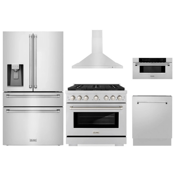 ZLINE 5-Piece Appliance Package - 36-Inch Paramount Gas Range, Wall Mount Range Hood, 36-Inch French Door Refrigerator with Water Dispenser, Dishwasher, and 30-Inch Microwave Drawer in Stainless Steel