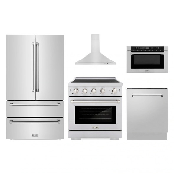 ZLINE 5-Piece Appliance Package - 30-Inch Paramount Induction Range, Wall Mount Range Hood, 36-Inch French Door Refrigerator, Dishwasher, and 24-Inch Microwave Drawer in Stainless Steel