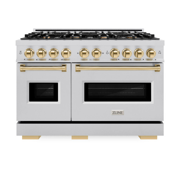 ZLINE 5-Piece Appliance Package - 48-Inch Autograph Edition Gas Range, Wall Mount Range Hood, 36-Inch French Door Refrigerator, Dishwasher, and 30-Inch Microwave Drawer in Stainless Steel with Gold Accents