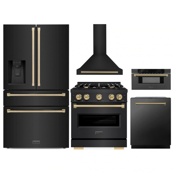 ZLINE 5-Piece Appliance Package - 30-Inch Autograph Edition Gas Range, Wall Mount Range Hood, 36-Inch French Door Refrigerator with Water Dispenser, Dishwasher, and 30-Inch Microwave Drawer in Black Stainless Steel with Champagne Bronze Accents