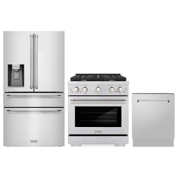 ZLINE 3-Piece Appliance Package - 30-Inch Paramount Dual Fuel Range, 36-Inch French Door Refrigerator with Water Dispenser, Dishwasher, in Stainless Steel