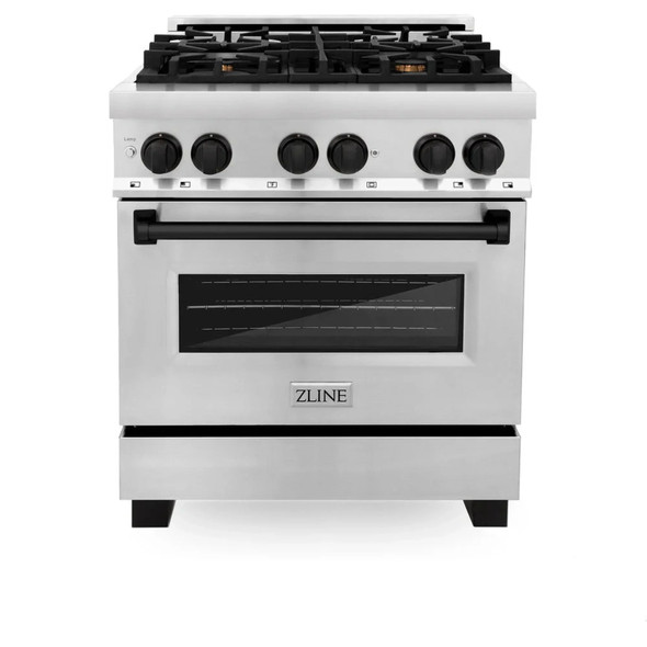 ZLINE 4-Piece Appliance Package - 30-Inch Legacy Autograph Dual Fuel Range, Wall Mount Range Hood, 36-Inch French Door Refrigerator with Water Dispenser, Dishwasher, in Stainless Steel with Matte Black Accents