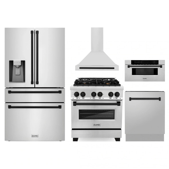 ZLINE 5-Piece Appliance Package - 30-Inch Legacy Autograph Dual Fuel Range, Wall Mount Range Hood, 36-Inch French Door Refrigerator with Water Dispenser, Dishwasher, and 30-Inch Microwave Drawer in Stainless Steel with Matte Black Accents