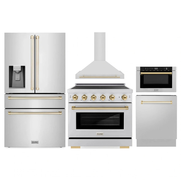 ZLINE 5-Piece Appliance Package - 36-Inch Autograph Edition Induction Range, Wall Mount Range Hood, 36-Inch French Door Refrigerator with Water Dispenser, Dishwasher, and 24-Inch Microwave Drawer in Stainless Steel with Gold Accents