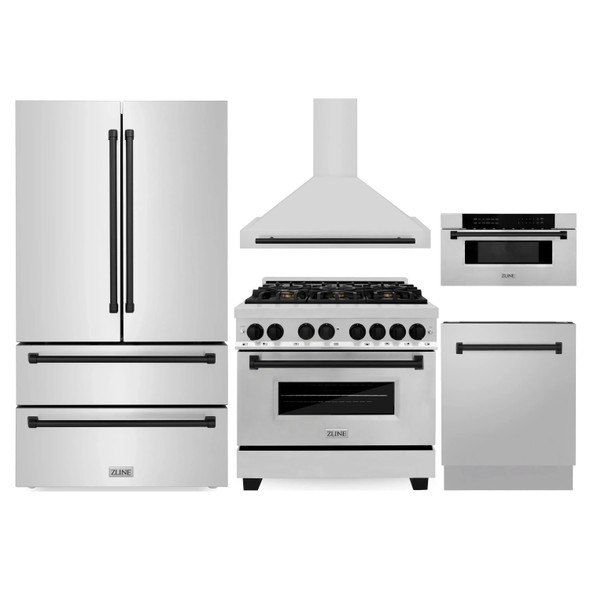ZLINE 5-Piece Appliance Package - 36-Inch Legacy Autograph Dual Fuel Range, Wall Mount Range Hood, 36-Inch French Door Refrigerator, Dishwasher, and 30-Inch Microwave Drawer in Stainless Steel with Matte Black Accents