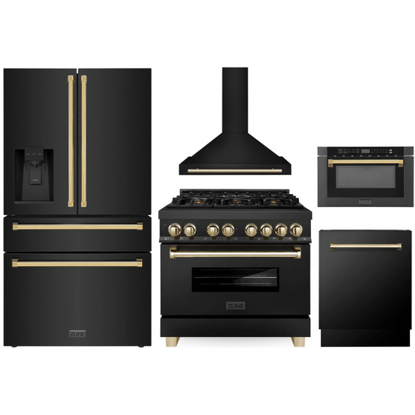 ZLINE 5-Piece Appliance Package - 36-Inch Legacy Dual Fuel Range, Wall Mount Range Hood, 36-Inch French Door Refrigerator with Water Dispenser, Dishwasher, and 24-Inch Microwave Drawer in Black Stainless Steel with Gold Accents