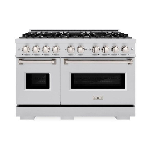 ZLINE 5-Piece Appliance Package - 48-Inch Classic Gas Range, Wall Mount Range Hood, 36-Inch French Door Refrigerator with Water Dispenser, Dishwasher, and 30-Inch Microwave Drawer in Stainless Steel