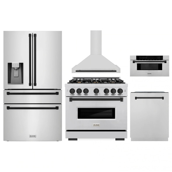 ZLINE 5-Piece Appliance Package - 36-Inch Autograph Edition Dual Fuel Range, Wall Mount Range Hood, 36-Inch French Door Refrigerator with Water Dispenser, Dishwasher, and 30-Inch Microwave Drawer in Stainless Steel Matte Black Accents