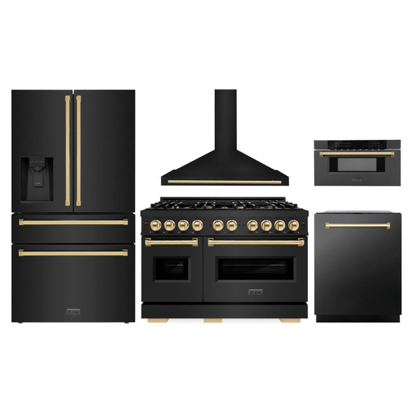 ZLINE 5-Piece Appliance Package - 48-Inch Autograph Edition Dual Fuel Range, Wall Mount Range Hood, 36-Inch French Door Refrigerator with Water Dispenser, Dishwasher, and 30-Inch Microwave Drawer in Black Stainless Steel with Gold Accents
