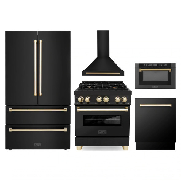 ZLINE 5-Piece Appliance Package - 30-Inch Legacy Dual Fuel Range, Wall Mount Range Hood, 36-Inch French Door Refrigerator, Dishwasher, and 24-Inch Microwave Drawer in Black Stainless Steel with Gold Accents