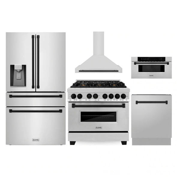 ZLINE 5-Piece Appliance Package - 36-Inch Legacy Autograph Dual Fuel Range, Wall Mount Range Hood, 36-Inch French Door Refrigerator with Water Dispenser, Dishwasher, and 30-Inch Microwave Drawer in Stainless Steel with Matte Black Accents