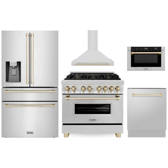 ZLINE 5-Piece Appliance Package - 36-Inch Legacy Autograph Dual Fuel Range, Wall Mount Range Hood, 36-Inch French Door Refrigerator with Water Dispenser, Dishwasher, and 24-Inch Microwave Drawer in Stainless Steel with Gold Accents