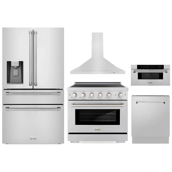 ZLINE 5-Piece Appliance Package - 36-Inch Paramount Induction Range, Wall Mount Range Hood, 36-Inch French Door Refrigerator with Water Dispenser, Dishwasher, and 30-Inch Microwave Drawer in Stainless Steel