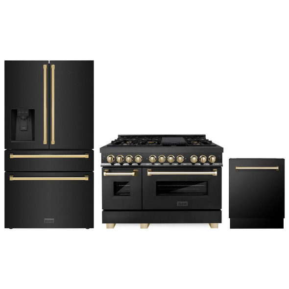 ZLINE 3-Piece Appliance Package - 48-Inch Legacy Dual Fuel Range, 36-Inch French Door Refrigerator with Water Dispenser, Dishwasher, in Black Stainless Steel with Gold Accents