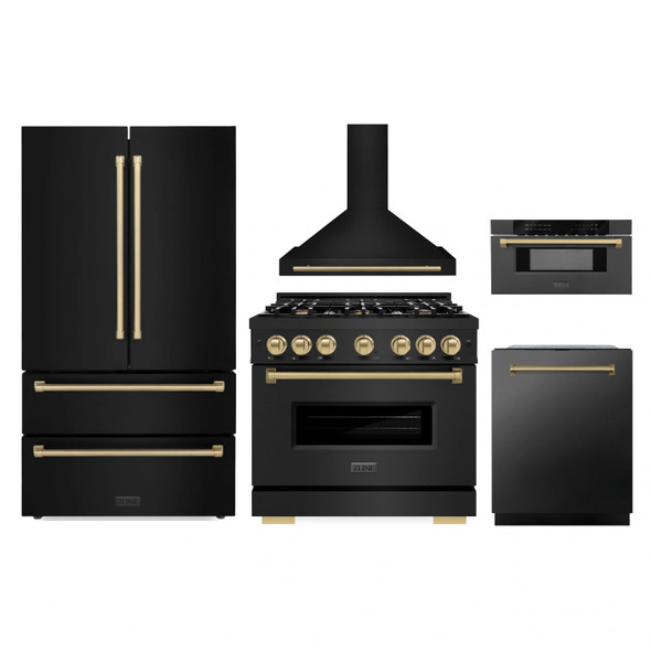 ZLINE 5-Piece Appliance Package - 36-Inch Autograph Edition Dual Fuel Range, Wall Mount Range Hood, 36-Inch French Door Refrigerator, Dishwasher, and 30-Inch Microwave Drawer in Black Stainless Steel with Champagne Bronze Accents