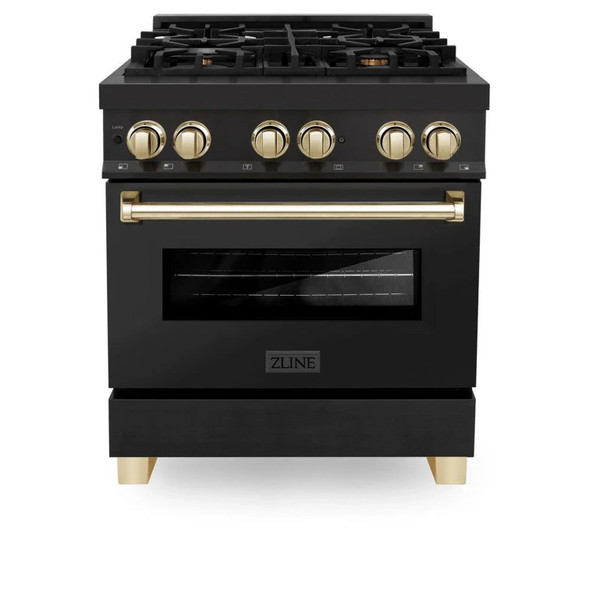 ZLINE 4-Piece Appliance Package - 30-Inch Legacy Dual Fuel Range, Wall Mount Range Hood, 36-Inch French Door Refrigerator with Water Dispenser, Dishwasher, in Black Stainless Steel with Gold Accents