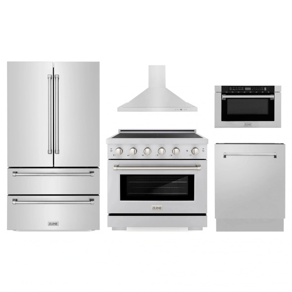 ZLINE 5-Piece Appliance Package - 36-Inch Paramount Induction Range, Wall Mount Range Hood, 36-Inch French Door Refrigerator, Dishwasher, and 24-Inch Microwave Drawer in Stainless Steel