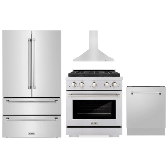 ZLINE 4-Piece Appliance Package - 30-Inch Paramount Dual Fuel Range, Wall Mount Range Hood, 36-Inch French Door Refrigerator, Dishwasher, in Stainless Steel