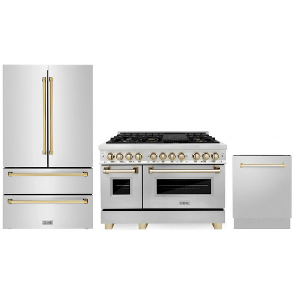 ZLINE 3-Piece Appliance Package - 48-Inch Legacy Autograph Dual Fuel Range, 36-Inch French Door Refrigerator, Dishwasher, in Stainless Steel with Gold Accents