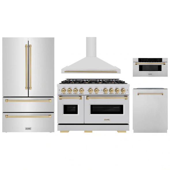 ZLINE 5-Piece Appliance Package - 48-Inch Autograph Edition Dual Fuel Range, Wall Mount Range Hood, 36-Inch French Door Refrigerator, Dishwasher, and 30-Inch Microwave Drawer in Stainless Steel with Champagne Bronze Accents