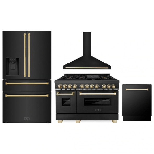 ZLINE 4-Piece Appliance Package - 48-Inch Legacy Dual Fuel Range, Wall Mount Range Hood, 36-Inch French Door Refrigerator with Water Dispenser, Dishwasher, in Black Stainless Steel with Gold Accents