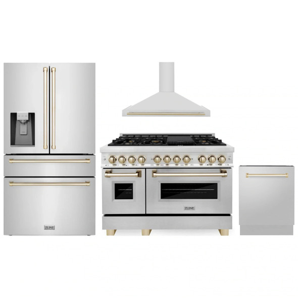 ZLINE 4-Piece Appliance Package - 48-Inch Legacy Autograph Dual Fuel Range, Wall Mount Range Hood, 36-Inch French Door Refrigerator with Water Dispenser, Dishwasher, in Stainless Steel with Gold Accents
