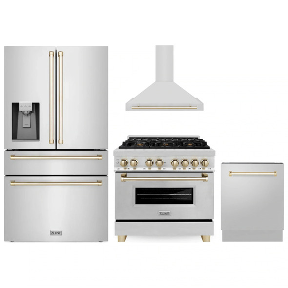 ZLINE 4-Piece Appliance Package - 36-Inch Legacy Autograph Dual Fuel Range, Wall Mount Range Hood, 36-Inch French Door Refrigerator with Water Dispenser, Dishwasher, in Stainless Steel with Gold Accents