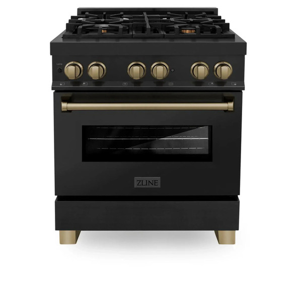 ZLINE 5-Piece Appliance Package - 30-Inch Legacy Dual Fuel Range, Wall Mount Range Hood, 36-Inch French Door Refrigerator with Water Dispenser, Dishwasher, and 30-Inch Microwave Drawer in Black Stainless Steel with Champagne Bronze Accents