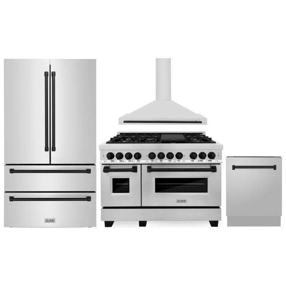 ZLINE 4-Piece Appliance Package - 48-Inch Legacy Autograph Dual Fuel Range, Wall Mount Range Hood, 36-Inch French Door Refrigerator, Dishwasher, in Stainless Steel with Matte Black Accents