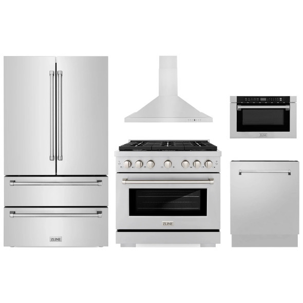 ZLINE 5-Piece Appliance Package - 36-Inch Paramount Gas Range, Wall Mount Range Hood, 36-Inch French Door Refrigerator, Dishwasher, and 24-Inch Microwave Drawer in Stainless Steel
