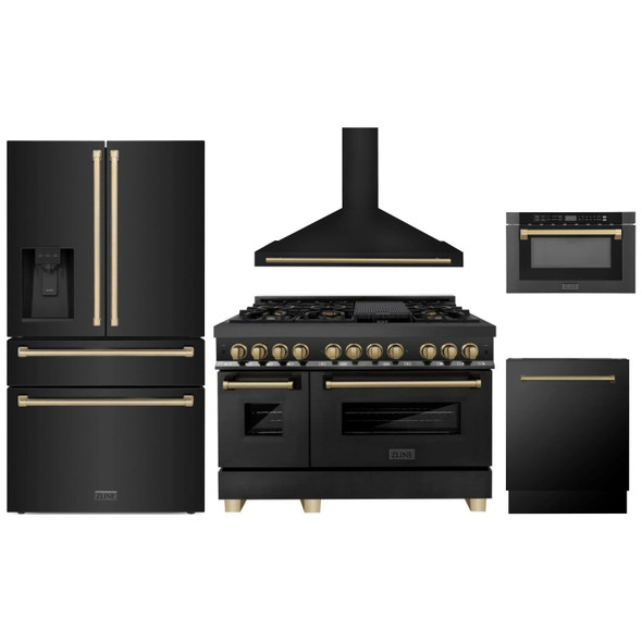 ZLINE 5-Piece Appliance Package - 48-Inch Legacy Dual Fuel Range, Wall Mount Range Hood, 36-Inch French Door Refrigerator with Water Dispenser, Dishwasher, and 24-Inch Microwave Drawer in Black Stainless Steel with Champagne Bronze Accents