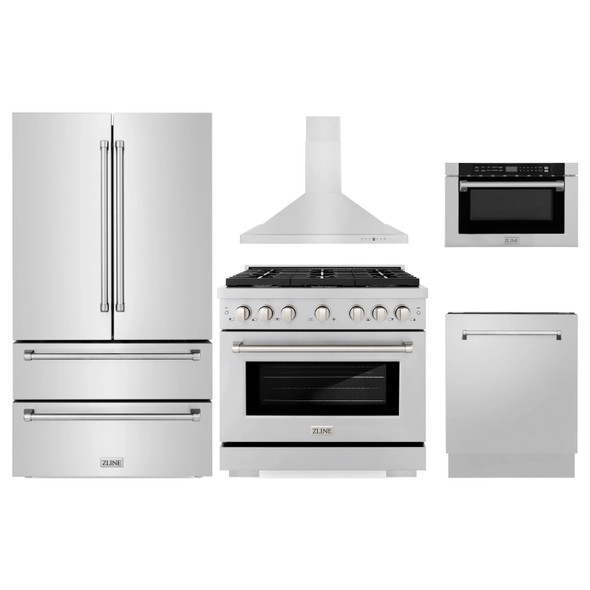 ZLINE 5-Piece Appliance Package - 36-Inch Paramount Dual Fuel Range, Wall Mount Range Hood, 36-Inch French Door Refrigerator, Dishwasher, and 24-Inch Microwave Drawer in Stainless Steel