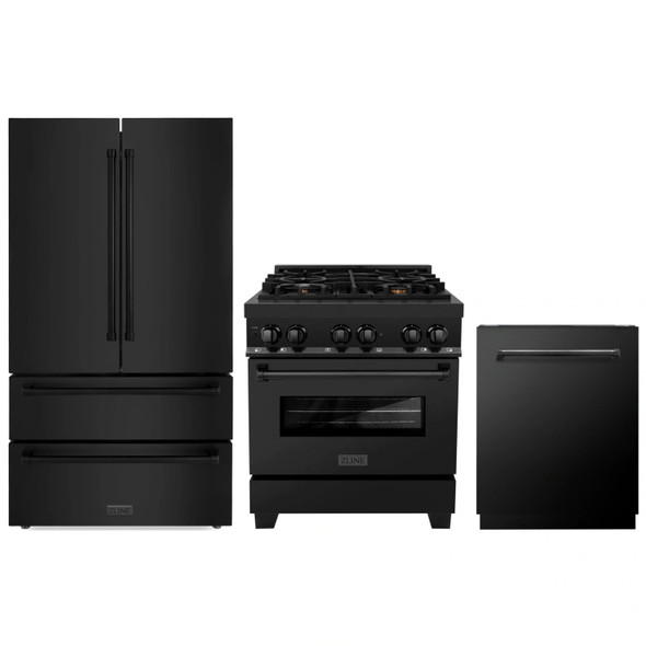 ZLINE 3-Piece Appliance Package - 30-Inch Legacy Dual Fuel Range, 36-Inch French Door Refrigerator, Dishwasher, in Black Stainless Steel