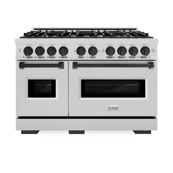 ZLINE 5-Piece Appliance Package - 48-Inch Autograph Edition Dual Fuel Range, Wall Mount Range Hood, 36-Inch French Door Refrigerator with Water Dispenser, Dishwasher, and 30-Inch Microwave Drawer in Stainless Steel Matte Black Accents