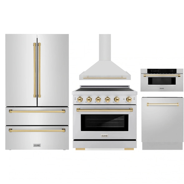 ZLINE 5-Piece Appliance Package - 36-Inch Autograph Edition Induction Range, Wall Mount Range Hood, 36-Inch French Door Refrigerator, Dishwasher, and 30-Inch Microwave Drawer in Stainless Steel with Gold Accents