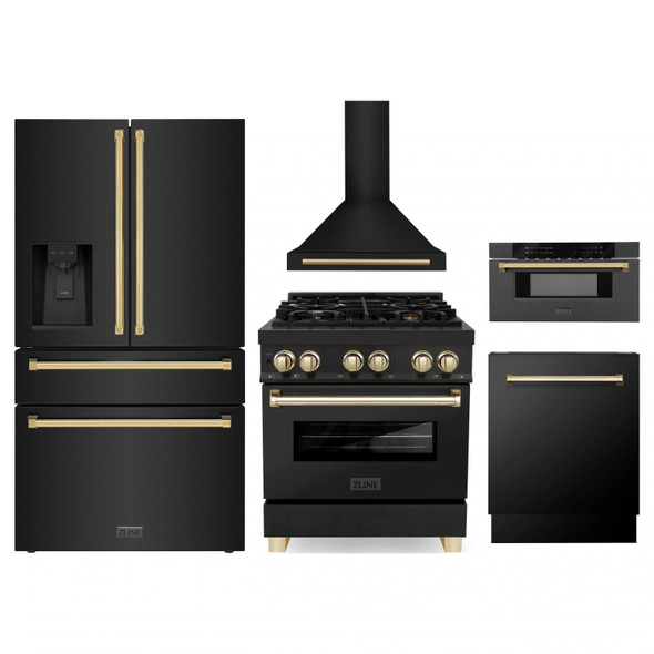 ZLINE 5-Piece Appliance Package - 30-Inch Legacy Dual Fuel Range, Wall Mount Range Hood, 36-Inch French Door Refrigerator with Water Dispenser, Dishwasher, and 30-Inch Microwave Drawer in Black Stainless Steel with Gold Accents