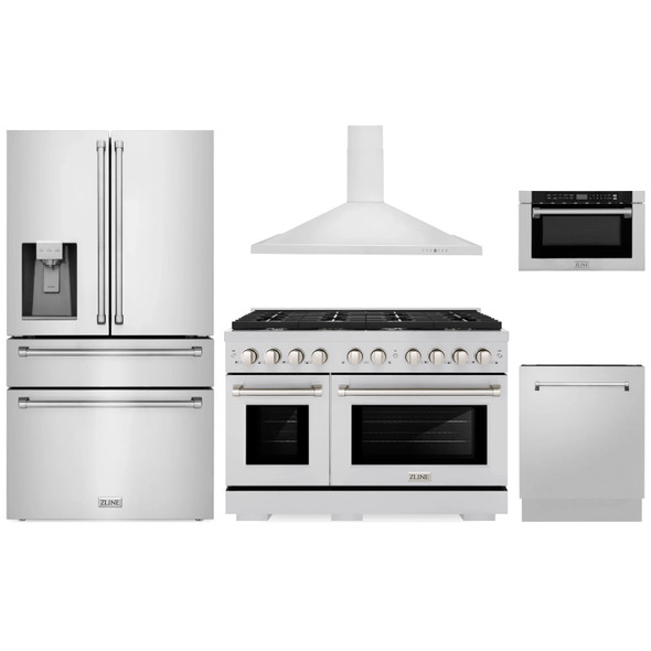 ZLINE 5-Piece Appliance Package - 48-Inch Paramount Dual Fuel Range, Wall Mount Range Hood, 36-Inch French Door Refrigerator with Water Dispenser, Dishwasher, and 24-Inch Microwave Drawer in Stainless Steel