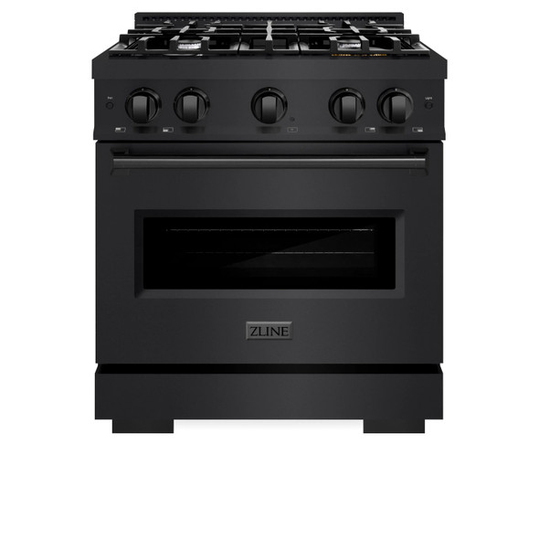 ZLINE 5-Piece Appliance Package - 30-Inch Classic Gas Range, Wall Mount Range Hood, 36-Inch French Door Refrigerator with Water Dispenser, Dishwasher, and 30-Inch Microwave Drawer in Black Stainless Steel