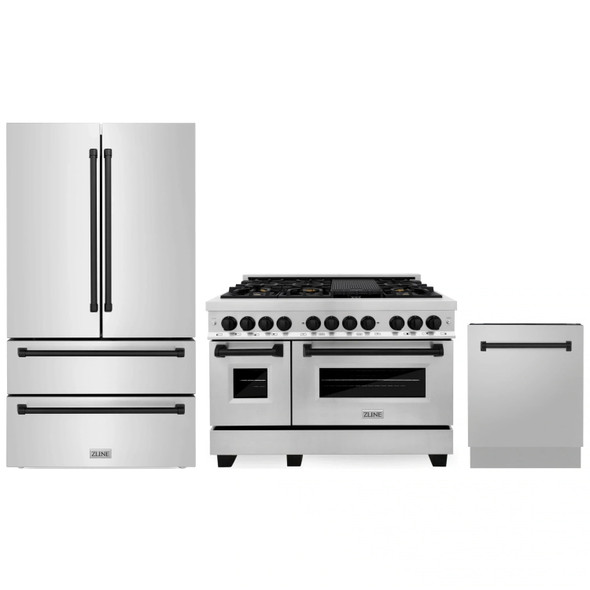ZLINE 3-Piece Appliance Package - 48-Inch Legacy Autograph Dual Fuel Range, 36-Inch French Door Refrigerator, Dishwasher, in Stainless Steel with Matte Black Accents