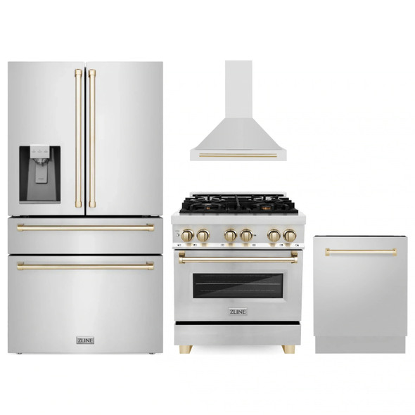 ZLINE 4-Piece Appliance Package - 30-Inch Legacy Autograph Dual Fuel Range, Wall Mount Range Hood, 36-Inch French Door Refrigerator with Water Dispenser, Dishwasher, in Stainless Steel with Gold Accents
