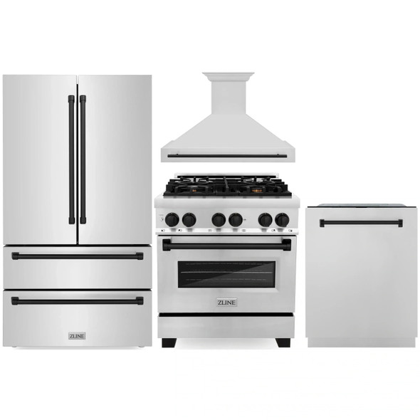 ZLINE 4-Piece Appliance Package - 30-Inch Legacy Autograph Dual Fuel Range, Wall Mount Range Hood, 36-Inch French Door Refrigerator, Dishwasher, in Stainless Steel with Matte Black Accents
