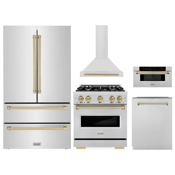 ZLINE 5-Piece Appliance Package - 30-Inch Autograph Edition Dual Fuel Range, Wall Mount Range Hood, 36-Inch French Door Refrigerator, Dishwasher, and 30-Inch Microwave Drawer in Stainless Steel with Champagne Bronze Accents